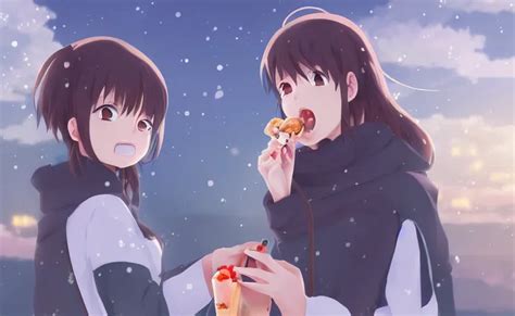 karakter anime kembar sedang makan es krim