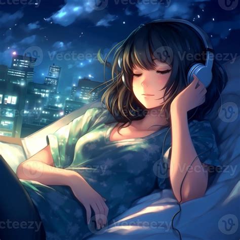 karakter anime dengan headphone sedang mendengarkan musik