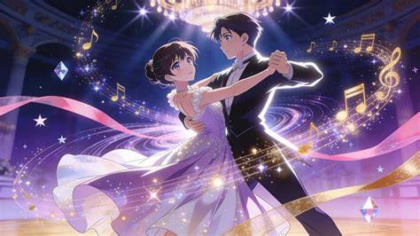 karakter anime dengan gaun pesta menari