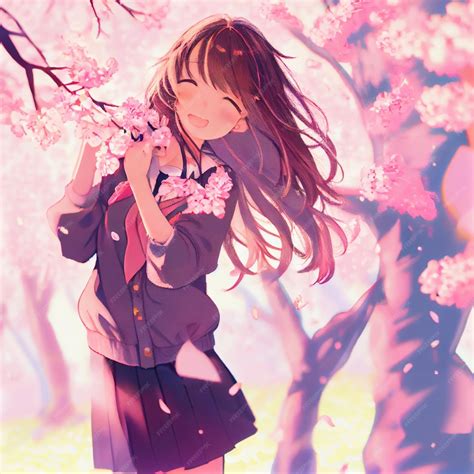 gadis anime di bawah hujan bunga sakura
