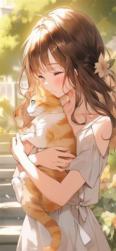 karakter anime dengan kucing kecil di pangkuan