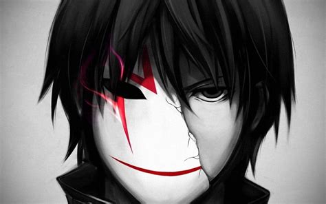 Karakter anime dengan topeng setengah hancur dan aura kegelapan