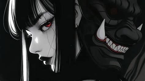 Karakter wanita anime dengan senyum miring dan latar belakang gelap