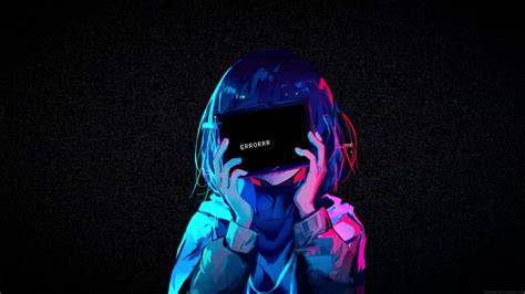 Gadis anime dengan layar error di latar belakang