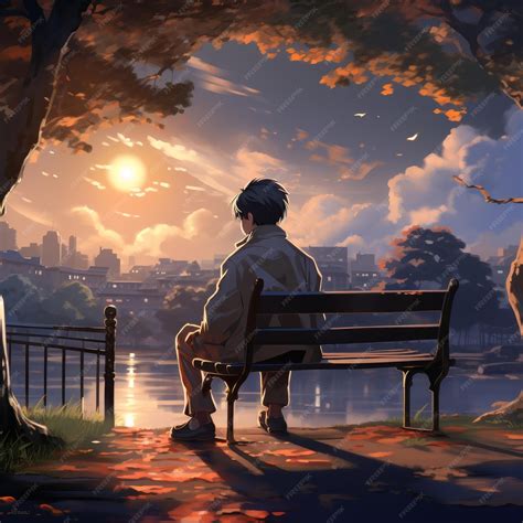 karakter laki-laki anime duduk sendiri di bangku taman