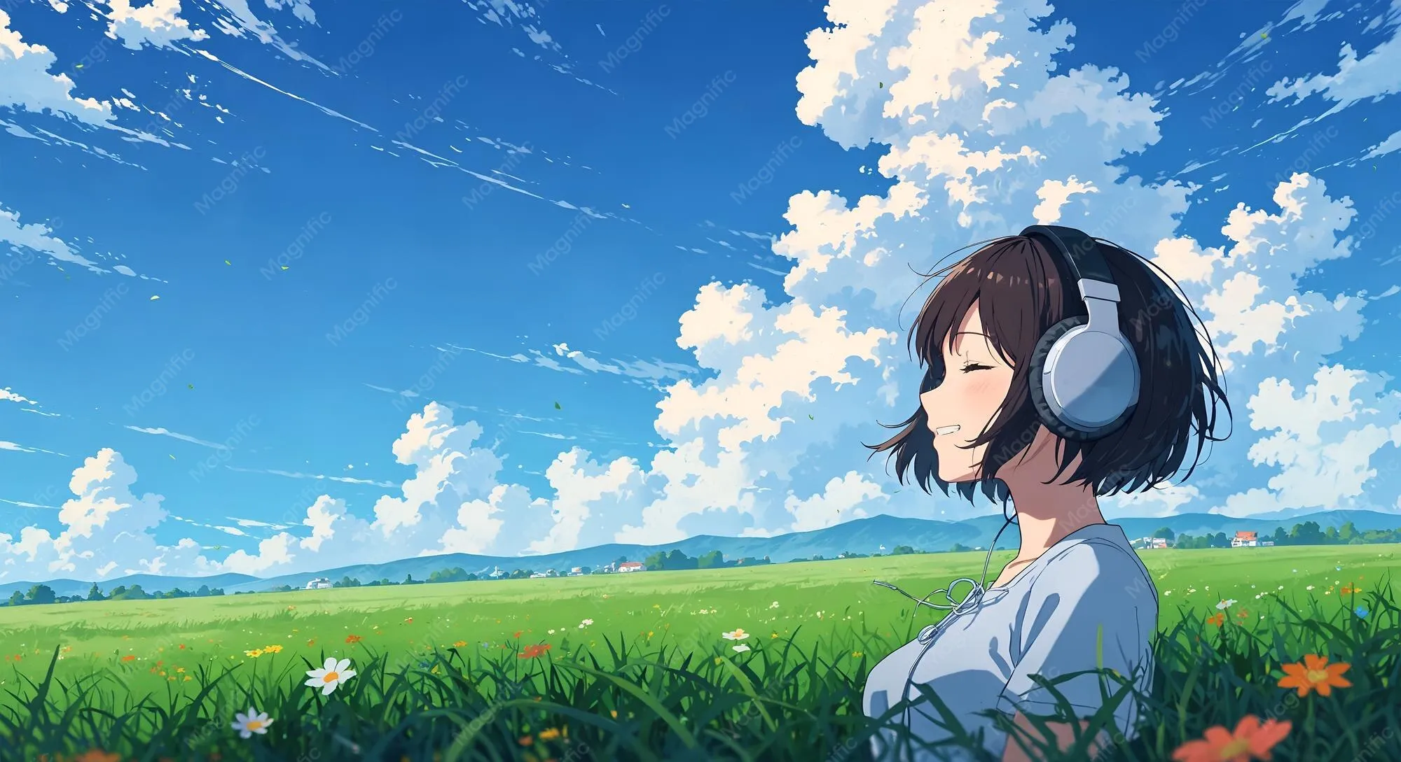 gadis anime dengan headphone di taman bunga