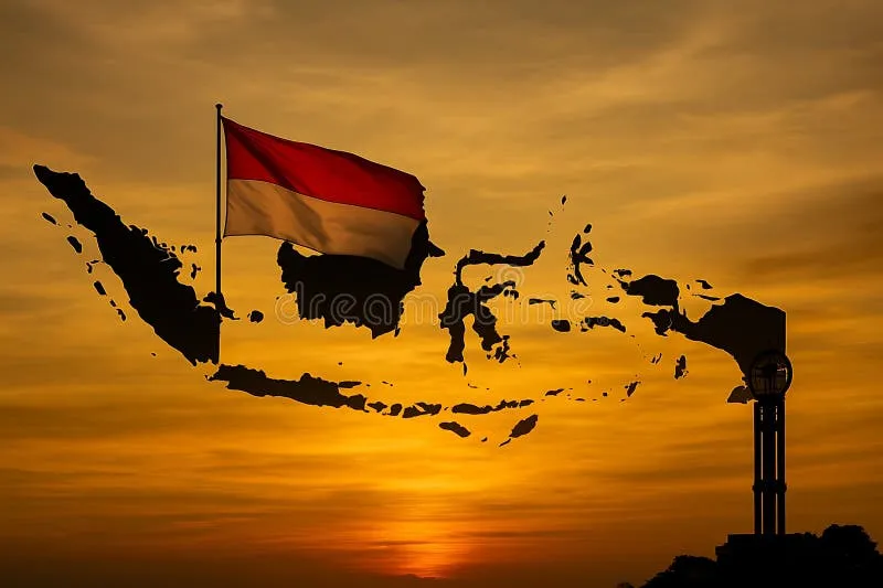 Ilustrasi pahlawan kemerdekaan dengan latar belakang pemandangan siluet kepulauan Indonesia