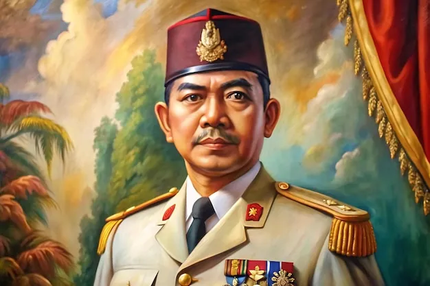 Lukisan cat minyak realistis sosok pahlawan nasional sedang berdiri gagah di medan perang