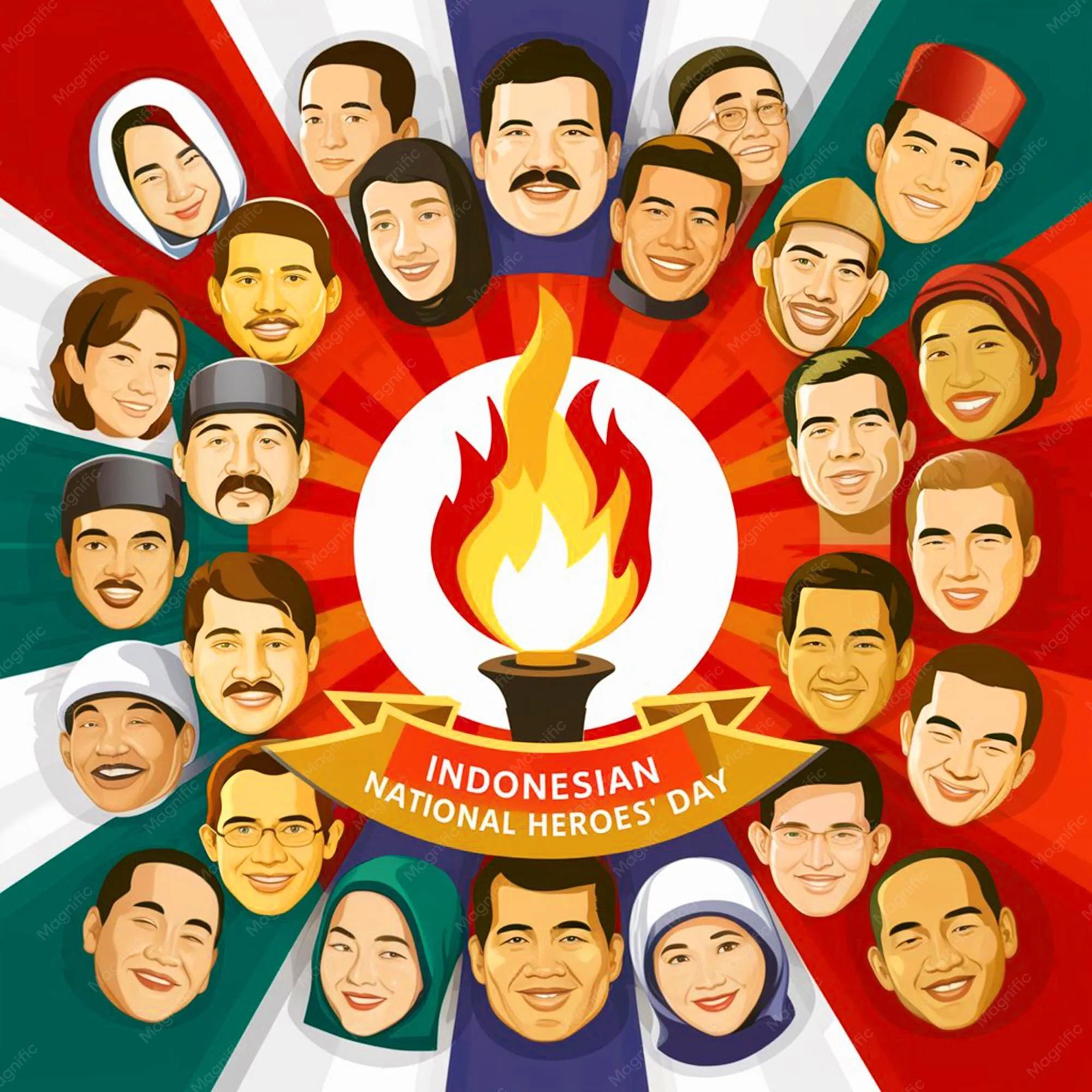 Kolase berbagai wajah pahlawan nasional yang disusun membentuk bendera merah putih