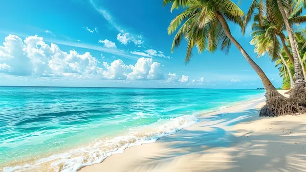 Pemandangan pantai tropis dengan pasir putih dan air laut biru jernih
