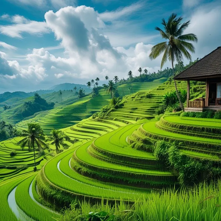 Terasering sawah hijau subur di pedesaan Bali dengan suasana asri