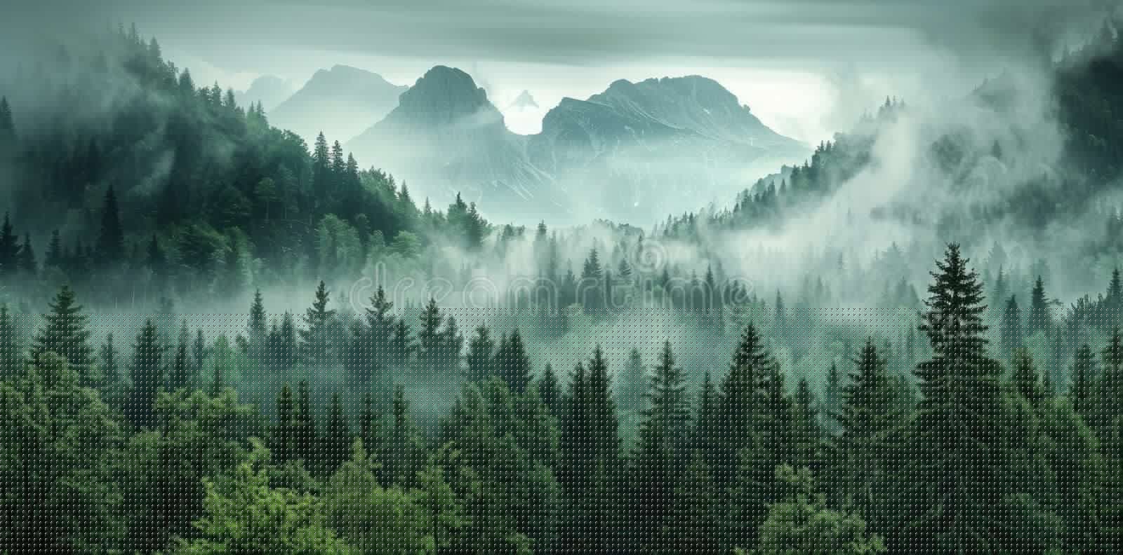 Hutan pinus berkabut dengan suasana misterius dan tenang