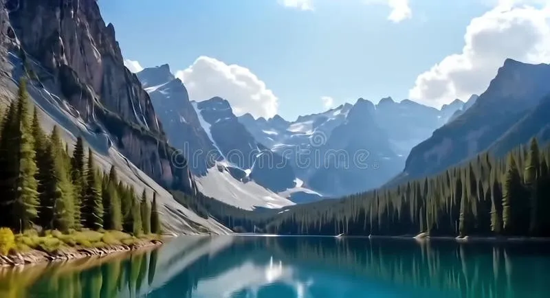Danau tenang dengan pantulan gunung yang jernih di permukaan air