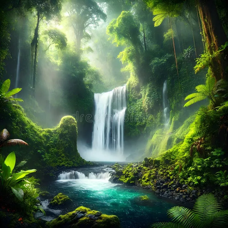 Air terjun deras yang jatuh ke kolam alami di dalam hutan rimbun