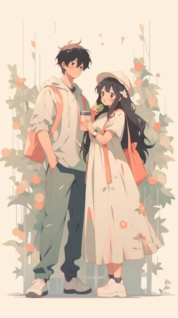 Ilustrasi pasangan anime gaya minimalis ala Pinterest dengan latar belakang solid