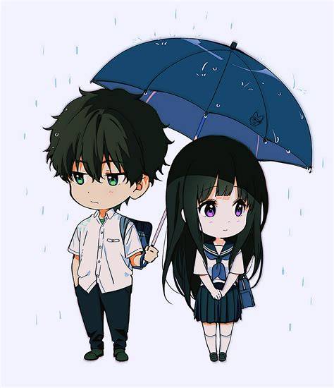 Desain couple Hyouka dengan gaya chibi atau ilustrasi lucu