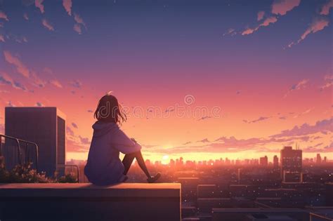 Gadis anime di bawah cahaya senja