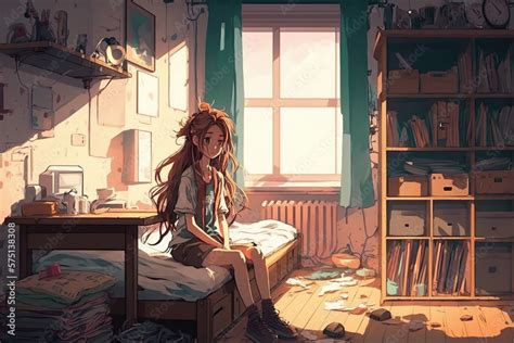 Gadis anime duduk di sudut kamar gelap
