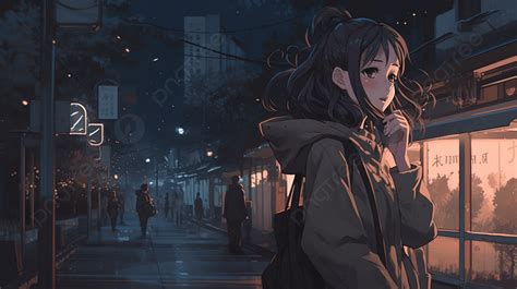 Gadis anime berjalan sendirian di jalanan kota malam hari