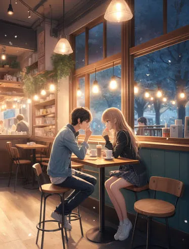 pasangan anime duduk di kafe dengan cangkir kopi dalam bingkai terpisah
