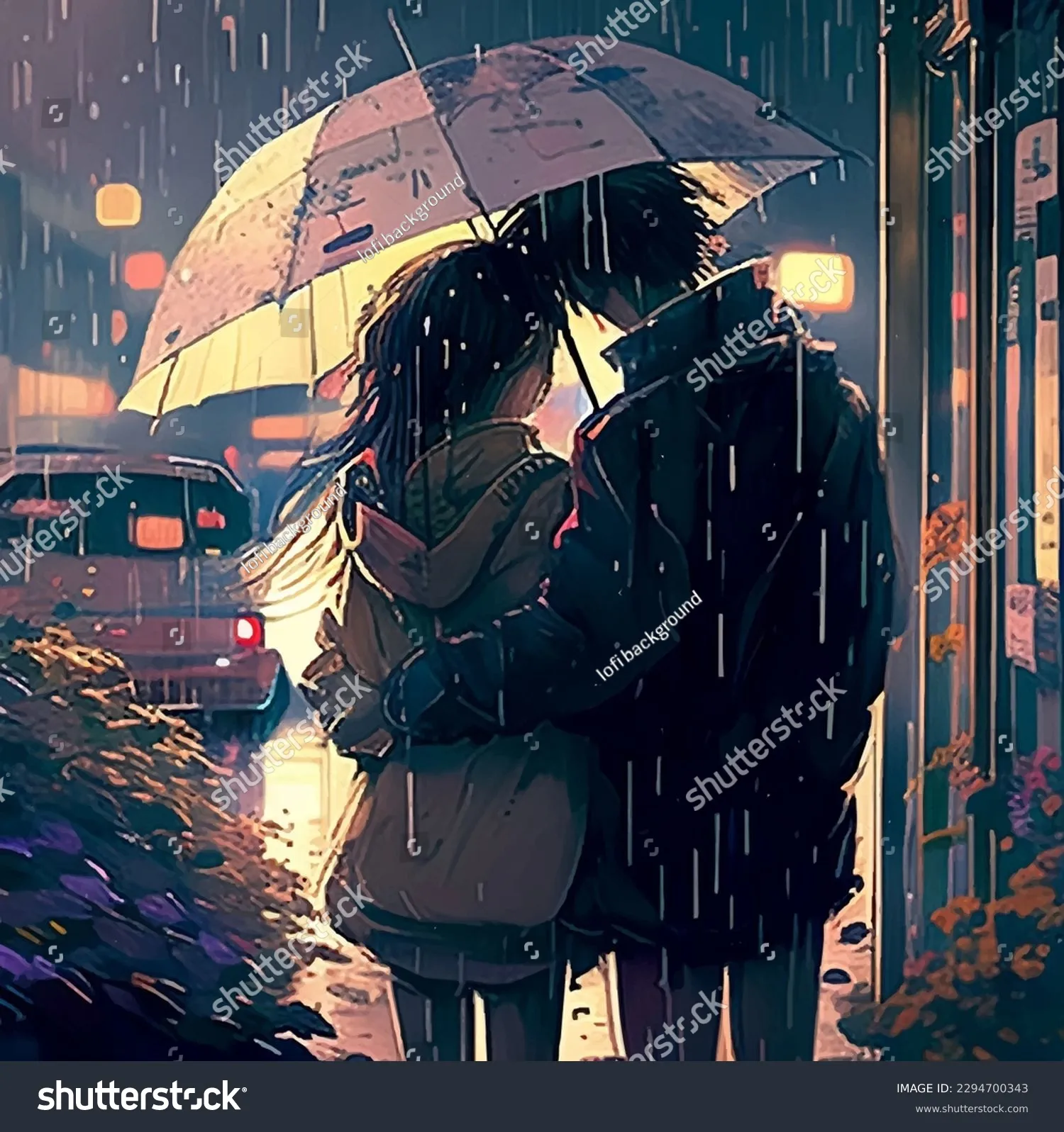 pasangan anime di bawah payung saat hujan dalam dua bingkai terpisah