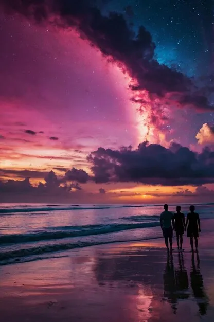 pp couple sahabat anime terpisah dengan latar belakang pantai saat senja