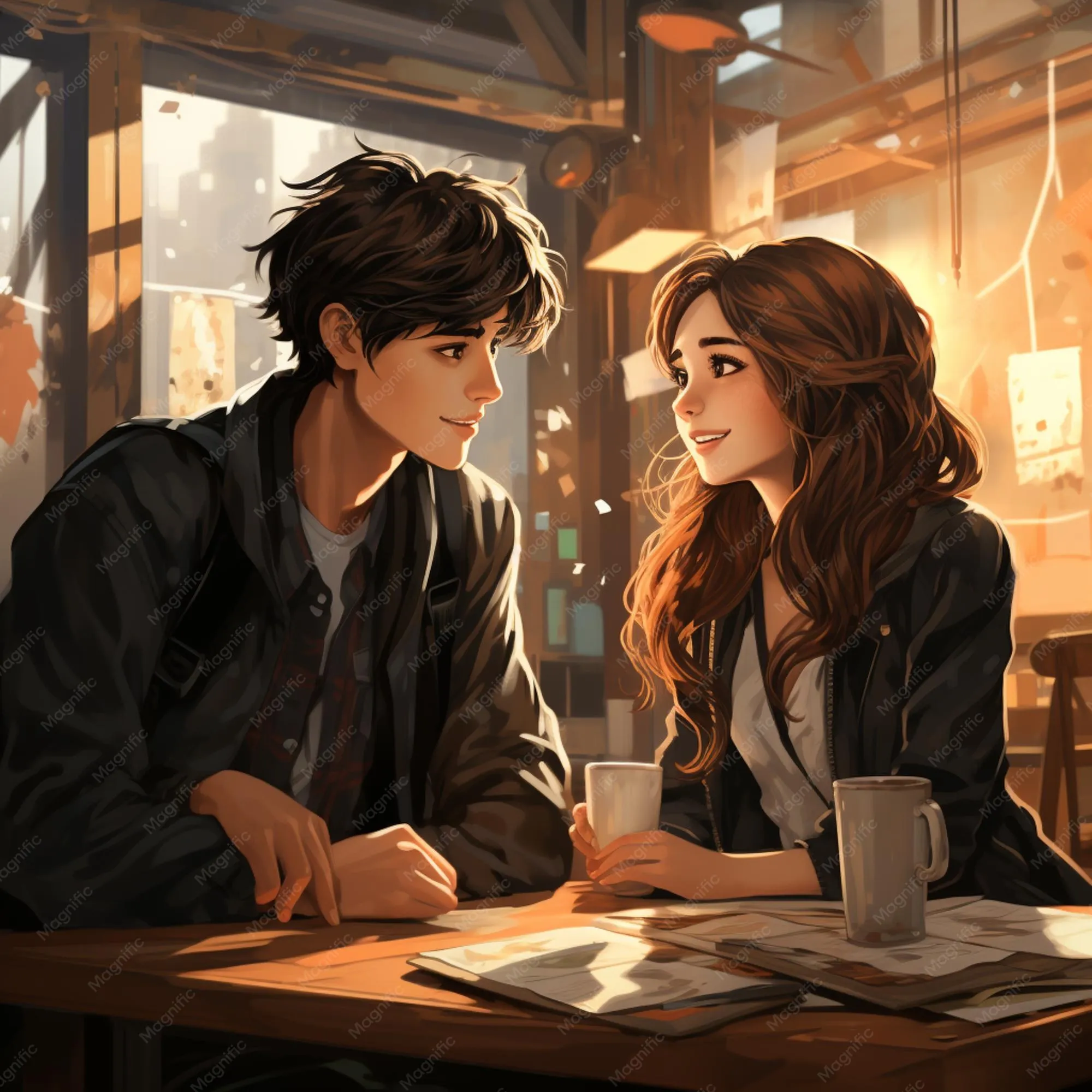 pp wa couple pasangan anime sedang makan bersama di kafe
