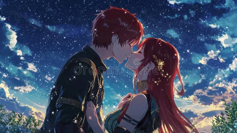 karakter anime couple di bawah langit malam berbintang