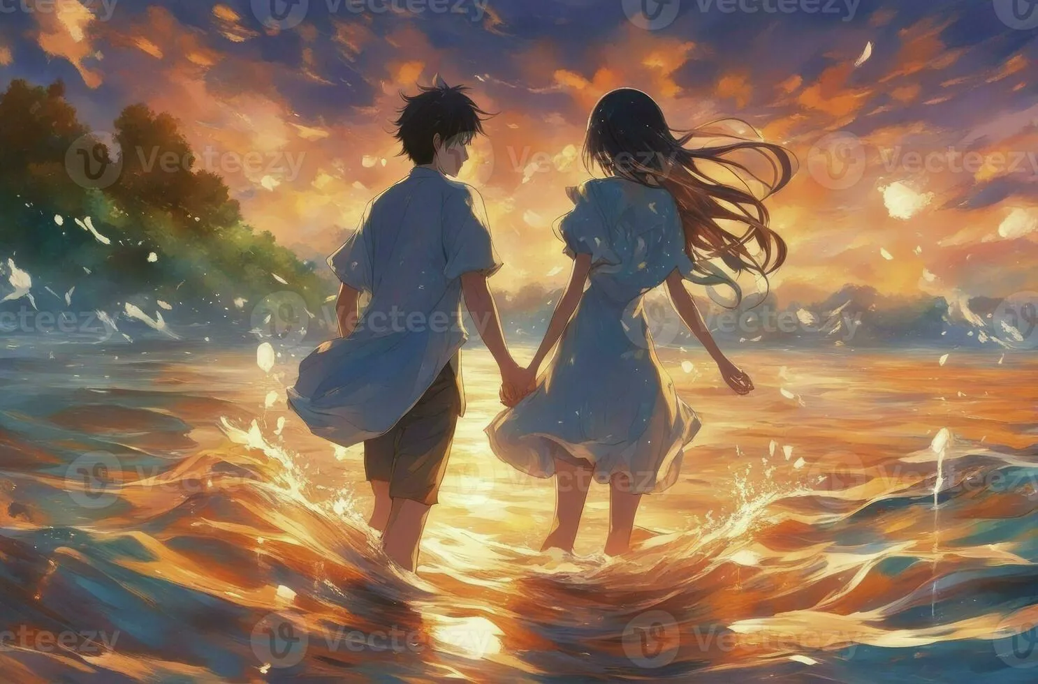 ilustrasi artistik karakter anime sedang berjalan berpegangan tangan