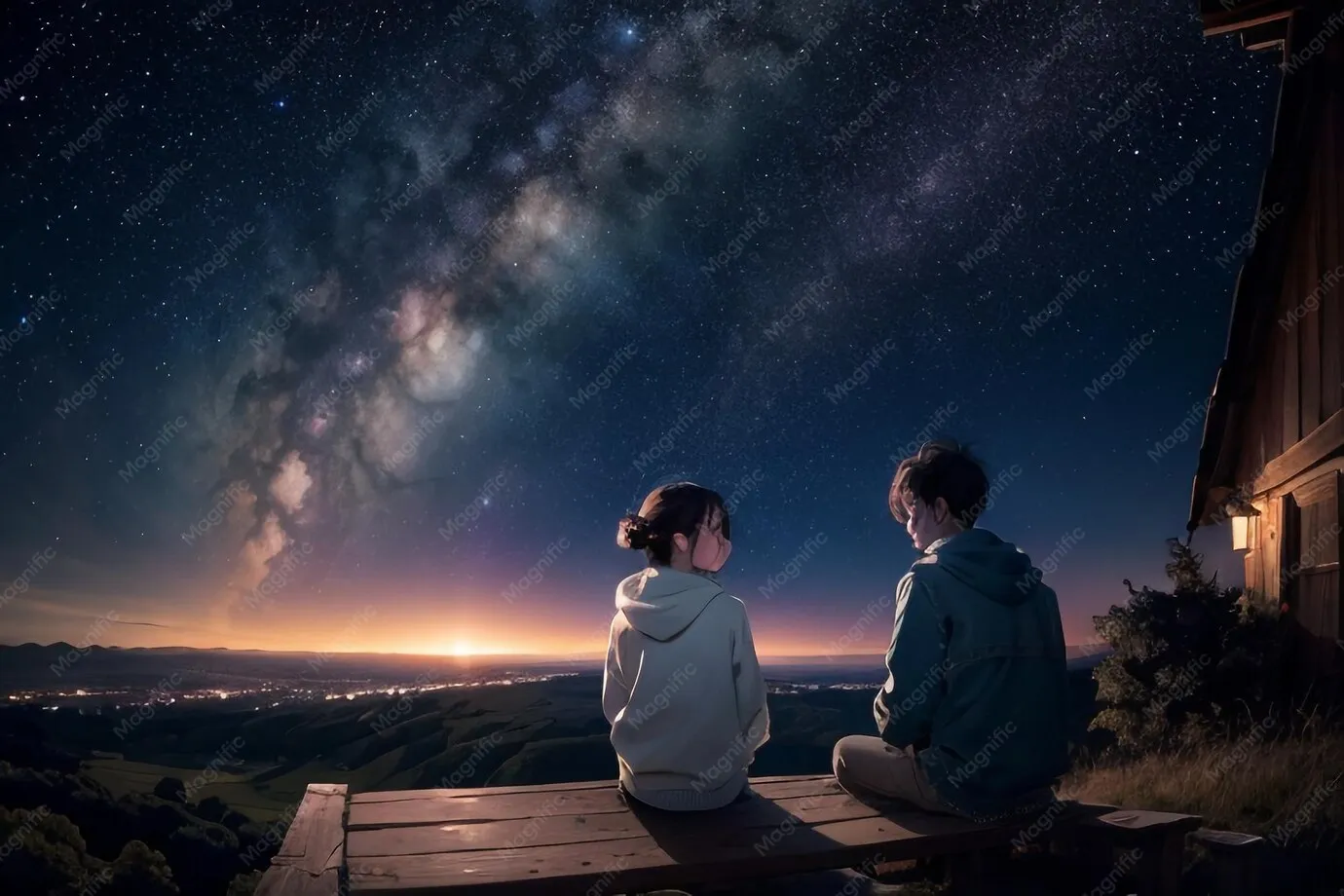 anime couple watching stars on a roof split view