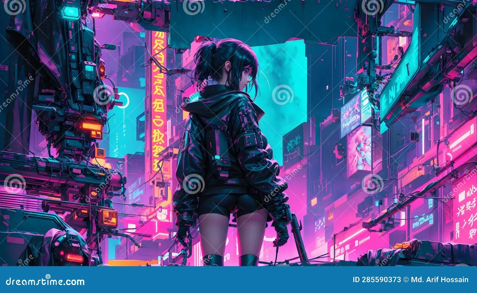 anime couple in a neon city split portrait