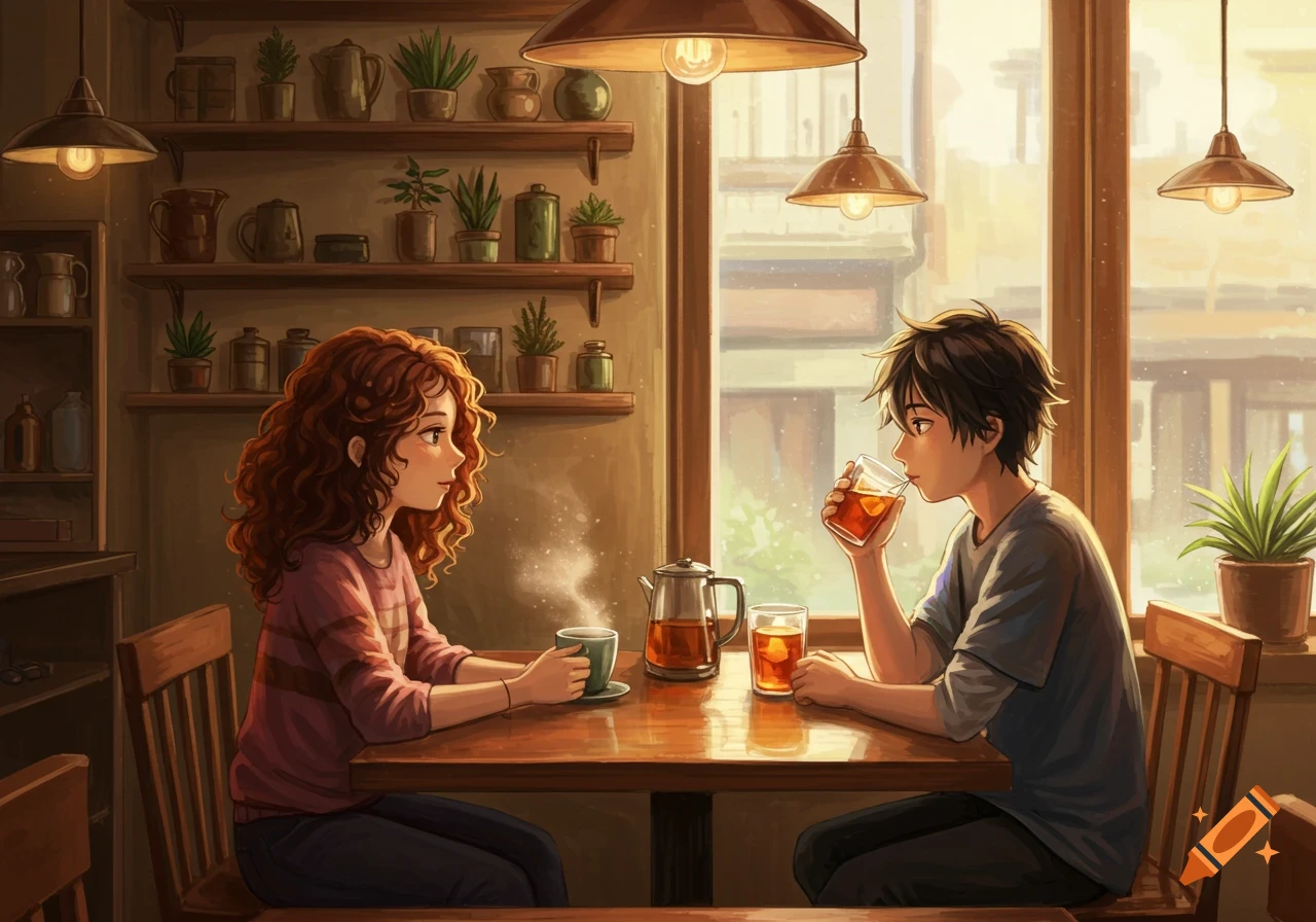 matching anime couple sitting at a cafe split view