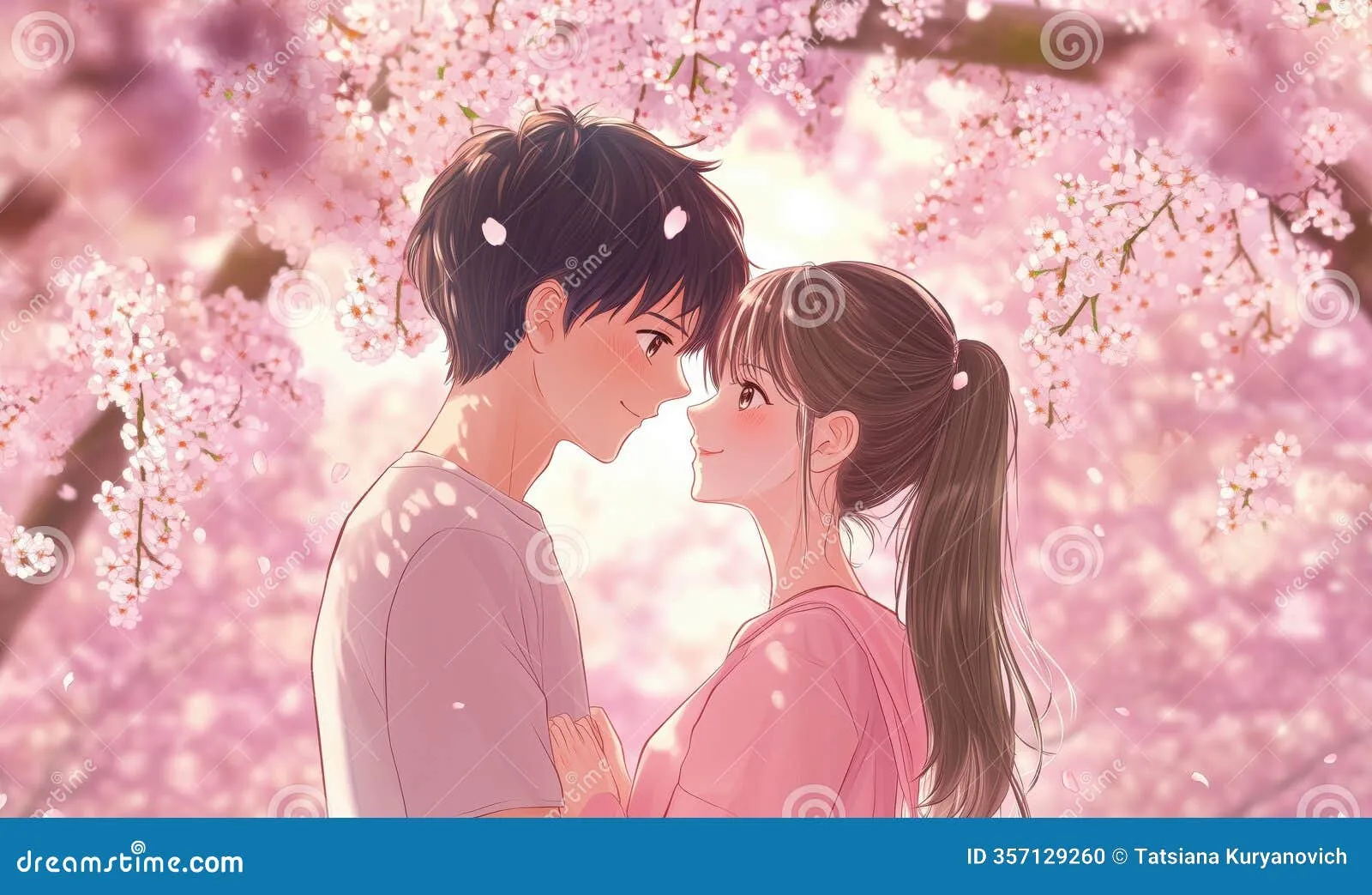 split anime couple under blooming sakura trees