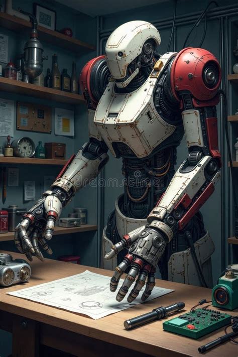 Robot mekanik anime dengan detail teknis yang kompleks