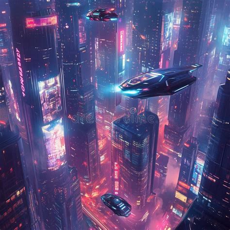 Pemandangan kota cyberpunk anime dengan mobil terbang