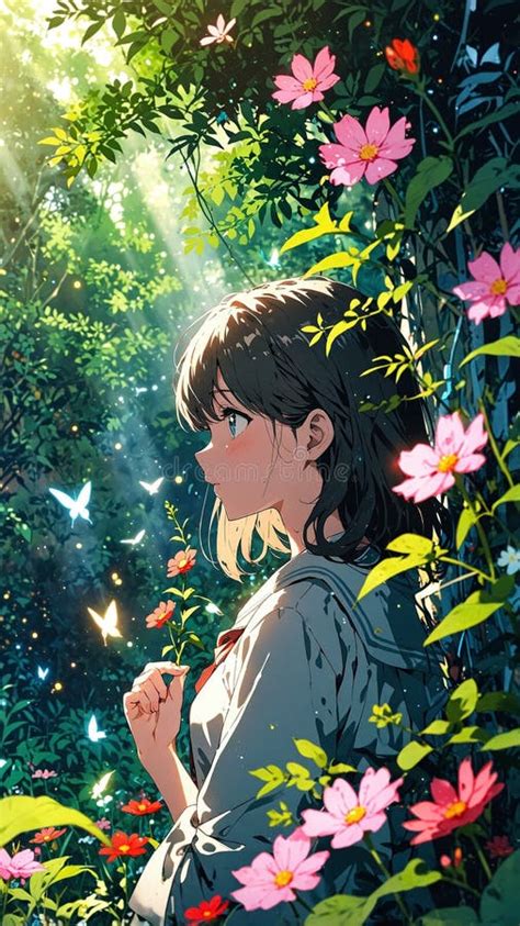 gadis anime dengan elemen alam fantasi 3d