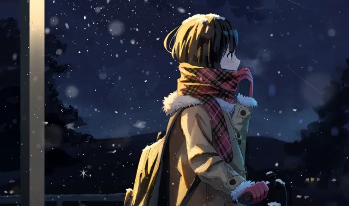 gadis anime tomboy dengan pakaian musim dingin