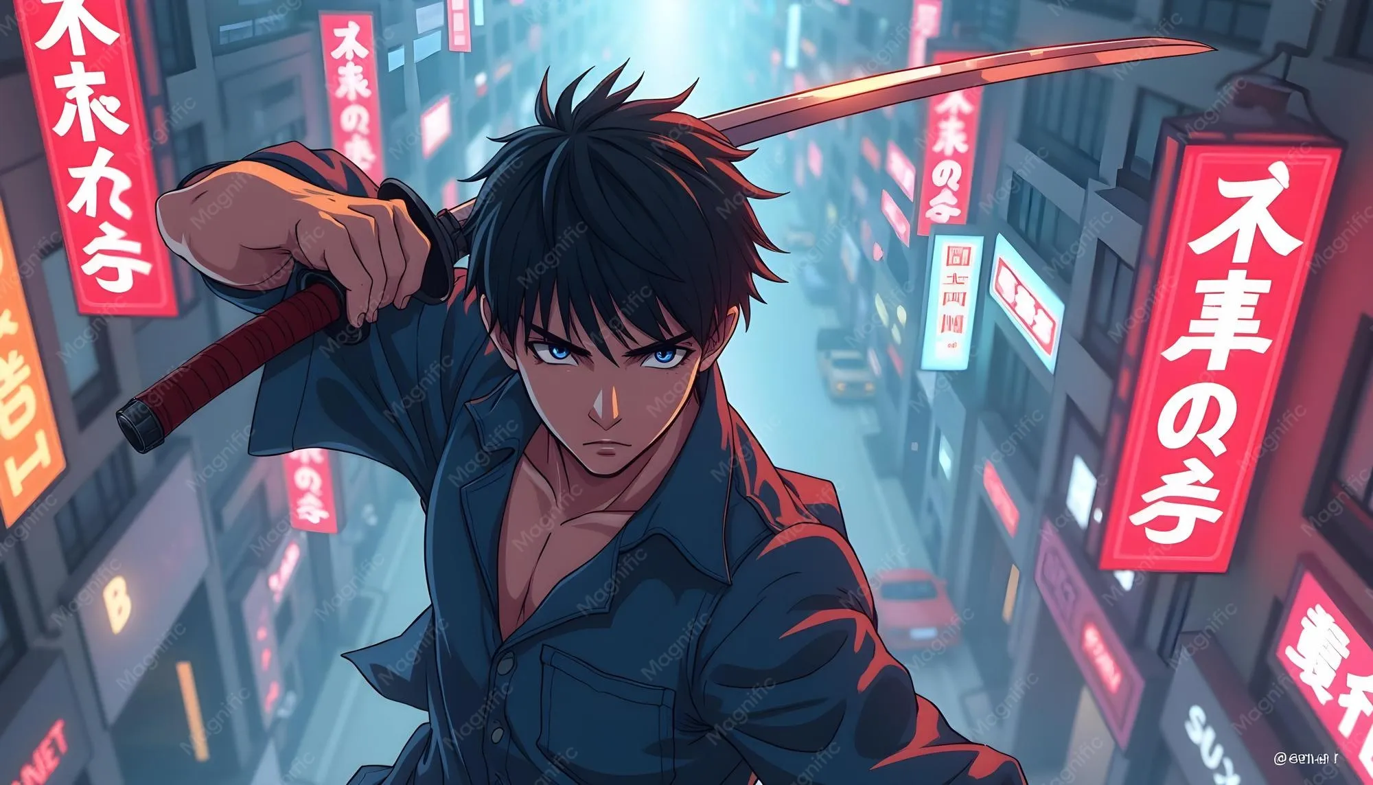 karakter anime pria bergaya samurai modern di tengah kota