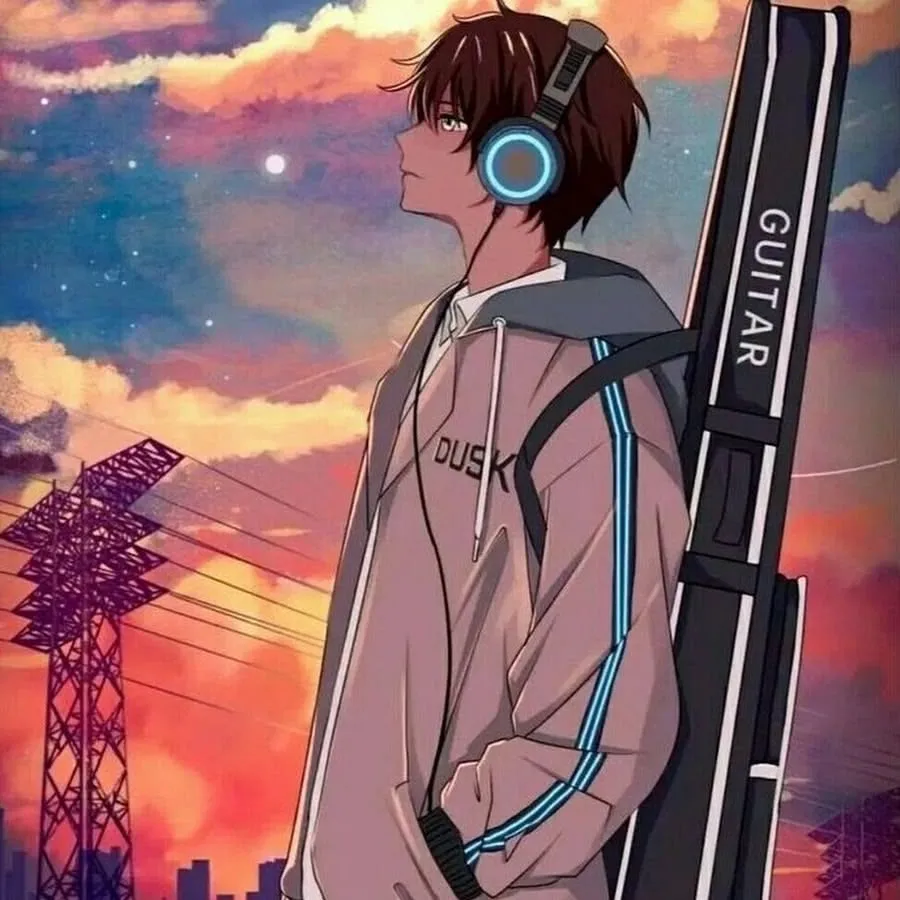 karakter pria anime dengan headphone dan gaya musik