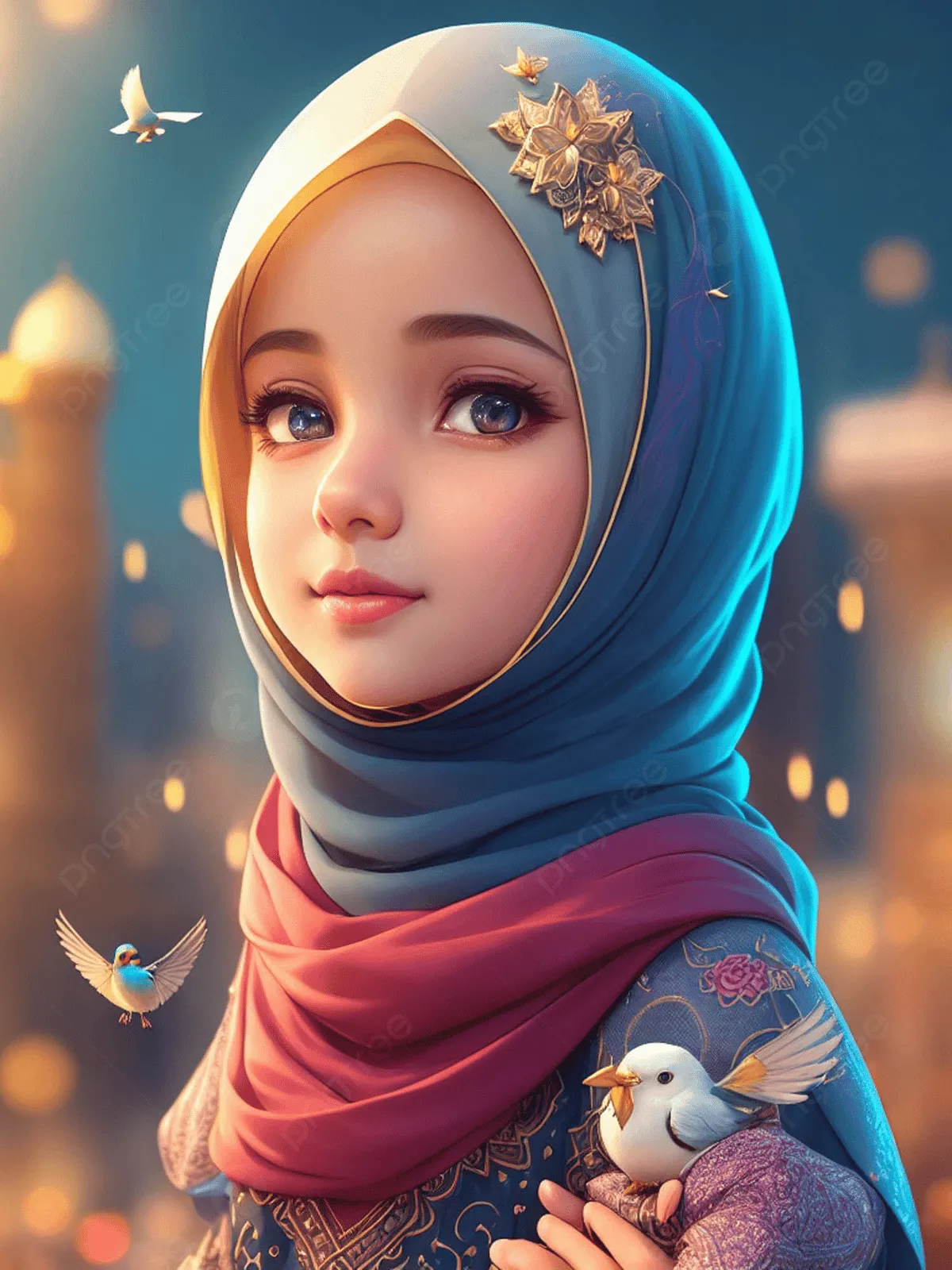 gadis anime berhijab dengan gaya seni lukis digital