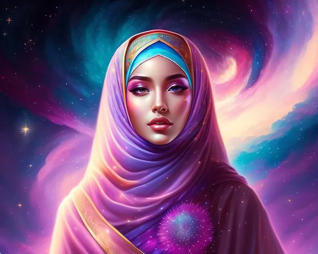 gadis anime berhijab di bawah langit malam berbintang