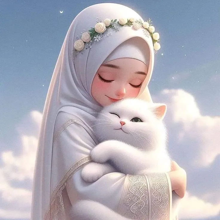gadis anime berhijab dengan kucing lucu