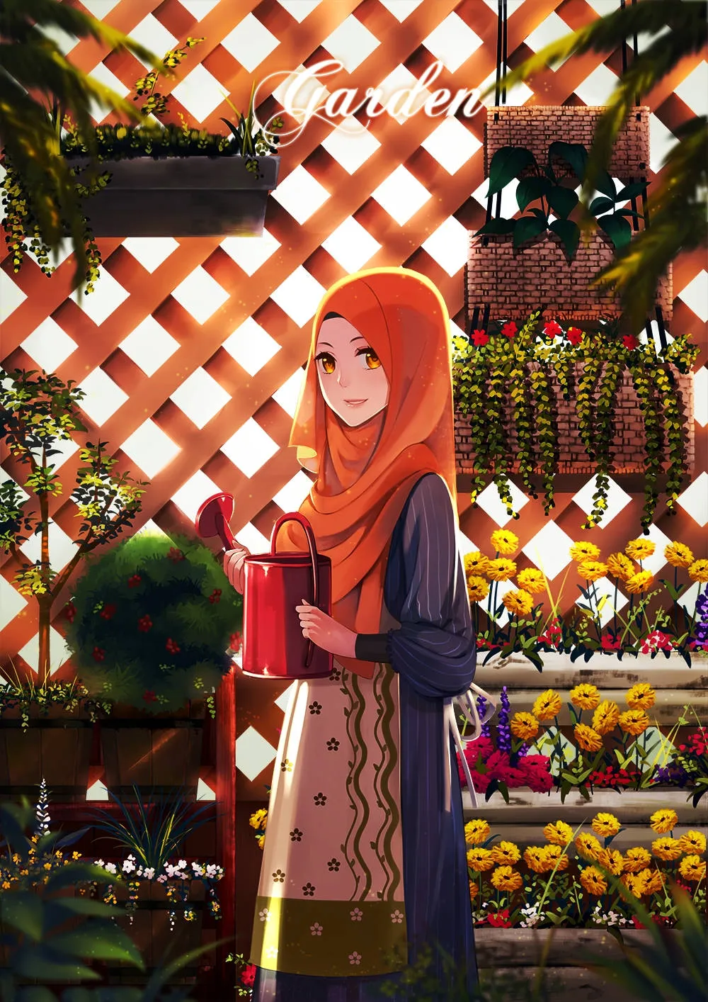 gadis anime berhijab dengan latar belakang pemandangan musim gugur
