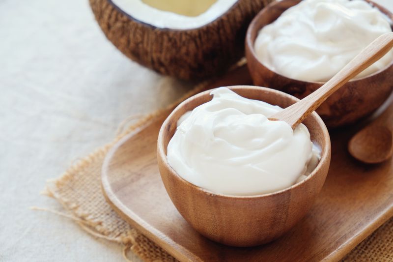 yoghurt homemade organic coconut greek yogurt in wooden bowl