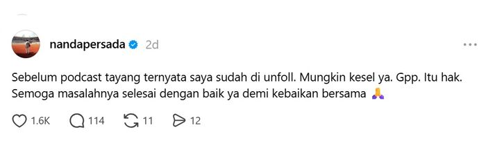 Mantan manajer Sarwendah, Nanda Persada ikut kena hujat fans sang artis karena ajak Ruben Onsu podcast.