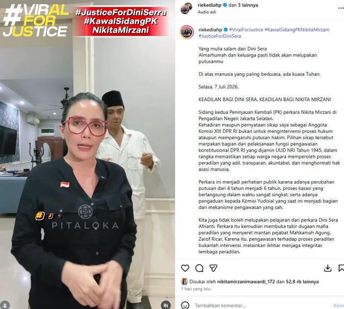 Rieke Diah Pitaloka singgung kejanggalan kasus Nikita Mirzani, minta sidang PK sang artis dikawal ketat.