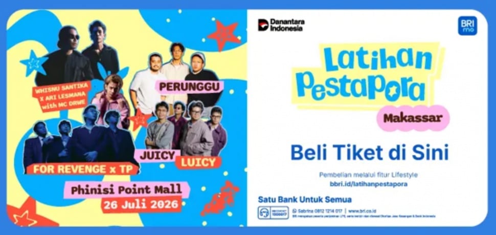 Poster Latihan Pestapora Makassar yang akan digelar di Phinisi Point Mall, Makassar, pada 26 Juli 2026. Tiket dapat dibeli melalui fitur Lifestyle di BRImo. (Dok. BRI)